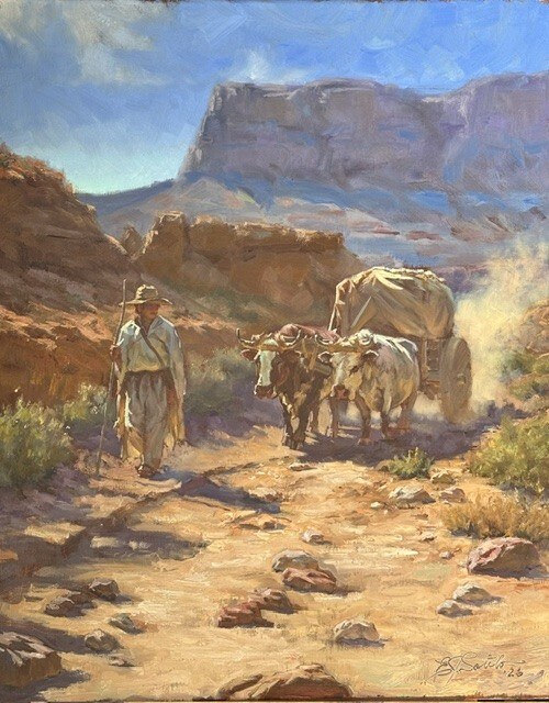 Lone rider moving through a dramatic sunlit canyon passage in Along the Canyon Walls by Edgar J. Sotelo