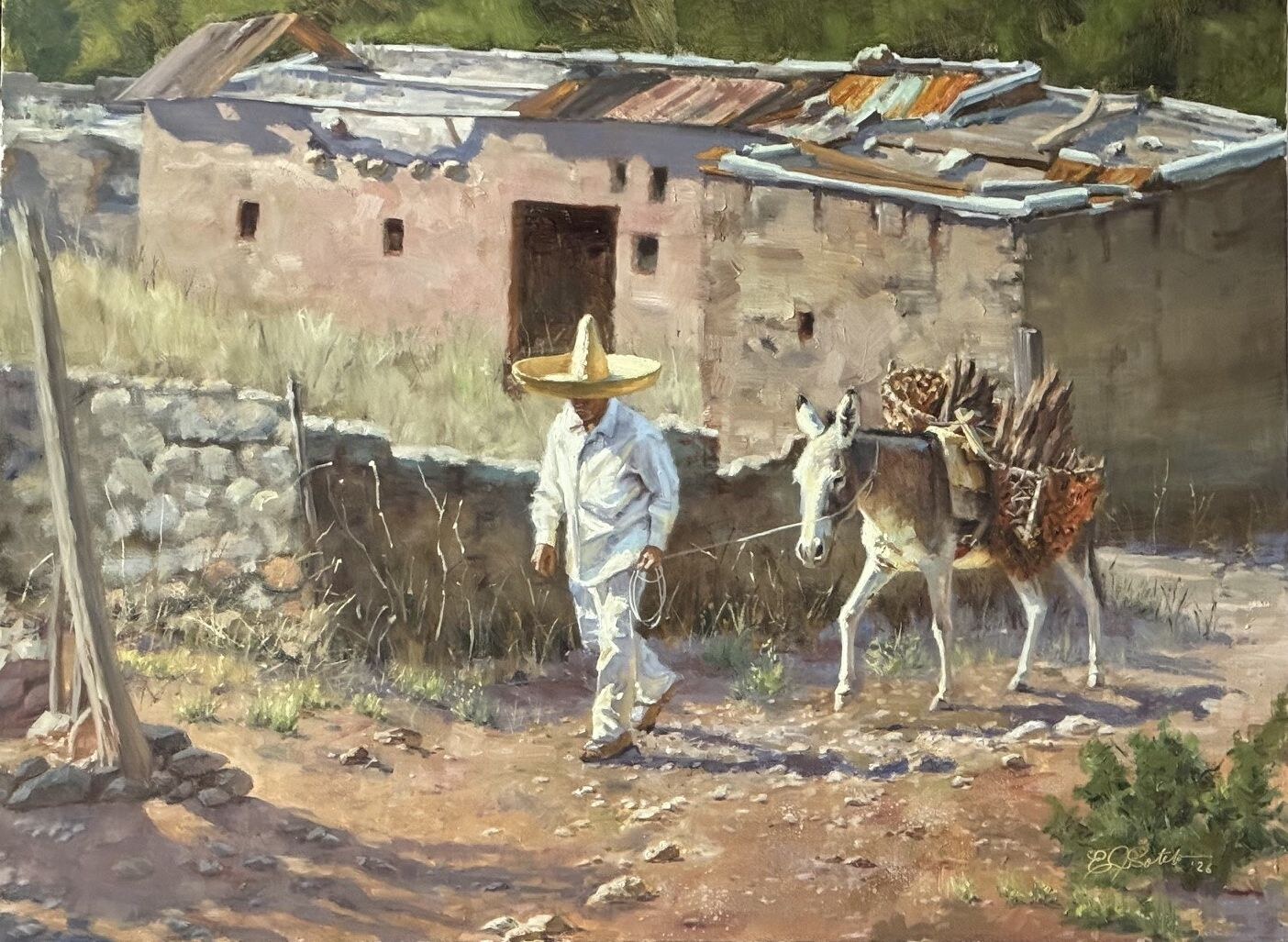 Man leading a burro loaded with firewood past weathered adobe buildings in Camino de Leña by Edgar J. Sotelo