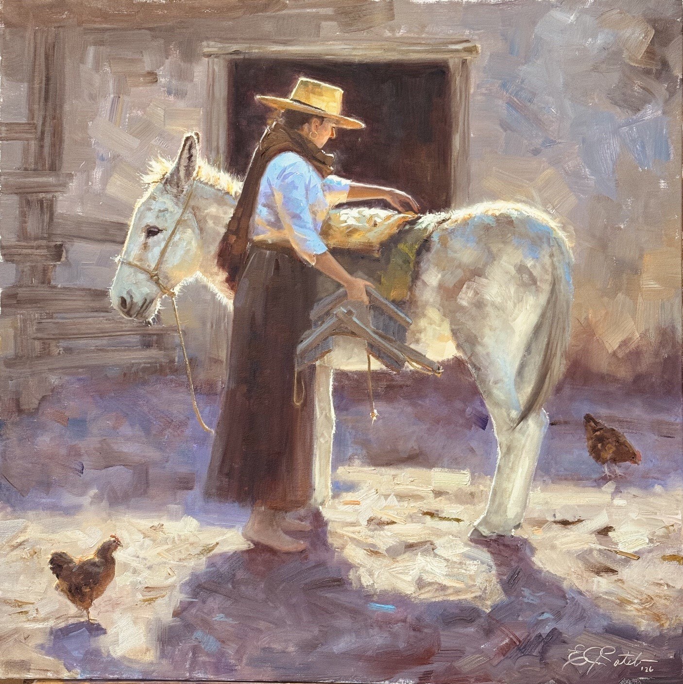 Woman arranging goods in a pack saddle on a white donkey in a sunlit courtyard in Going to Market by Edgar J. Sotelo