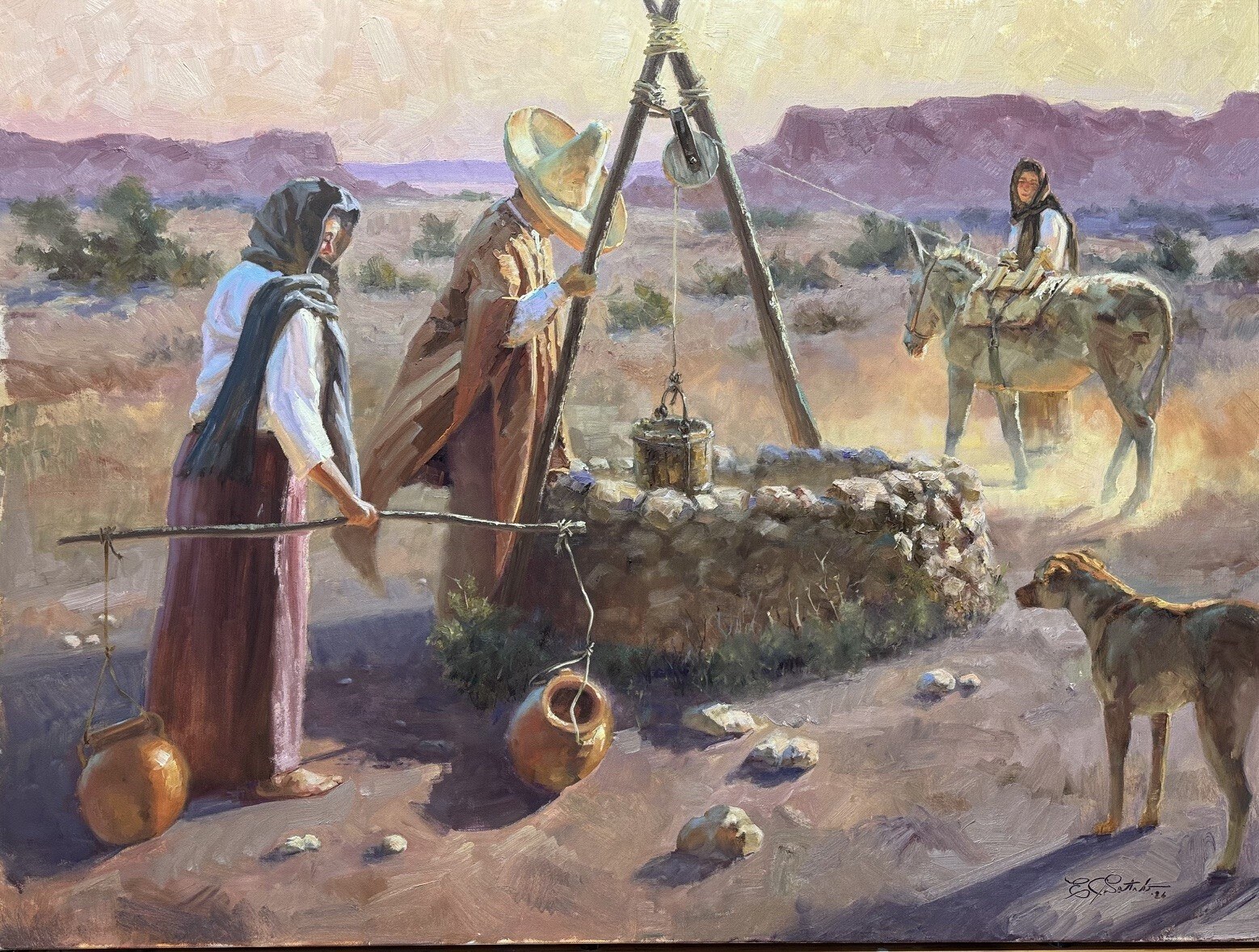 Travelers drawing water from a stone well in a desert landscape with a donkey and dog in Lifeline by Edgar J. Sotelo