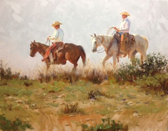 Two cowboys riding horses across an open grassy rise beneath a pale sky