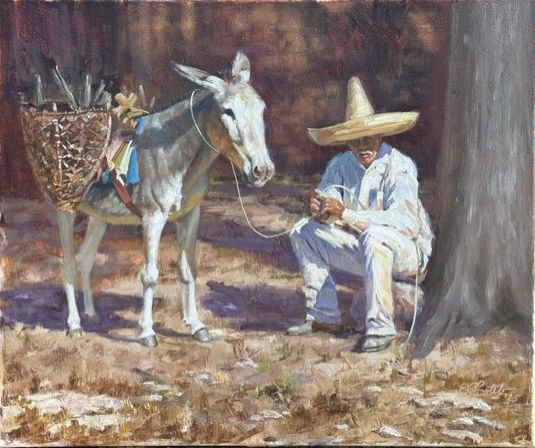 Man seated beside a burro loaded with gathered wood in Recuerdos by Edgar J. Sotelo