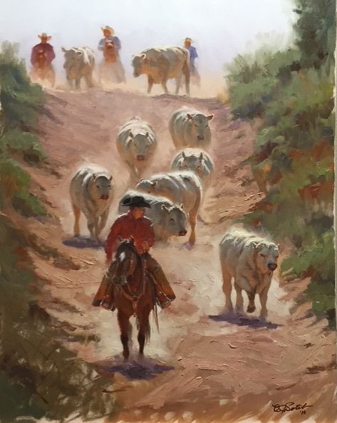 Mounted cowboy leading cattle down a dusty trail with additional riders in the background