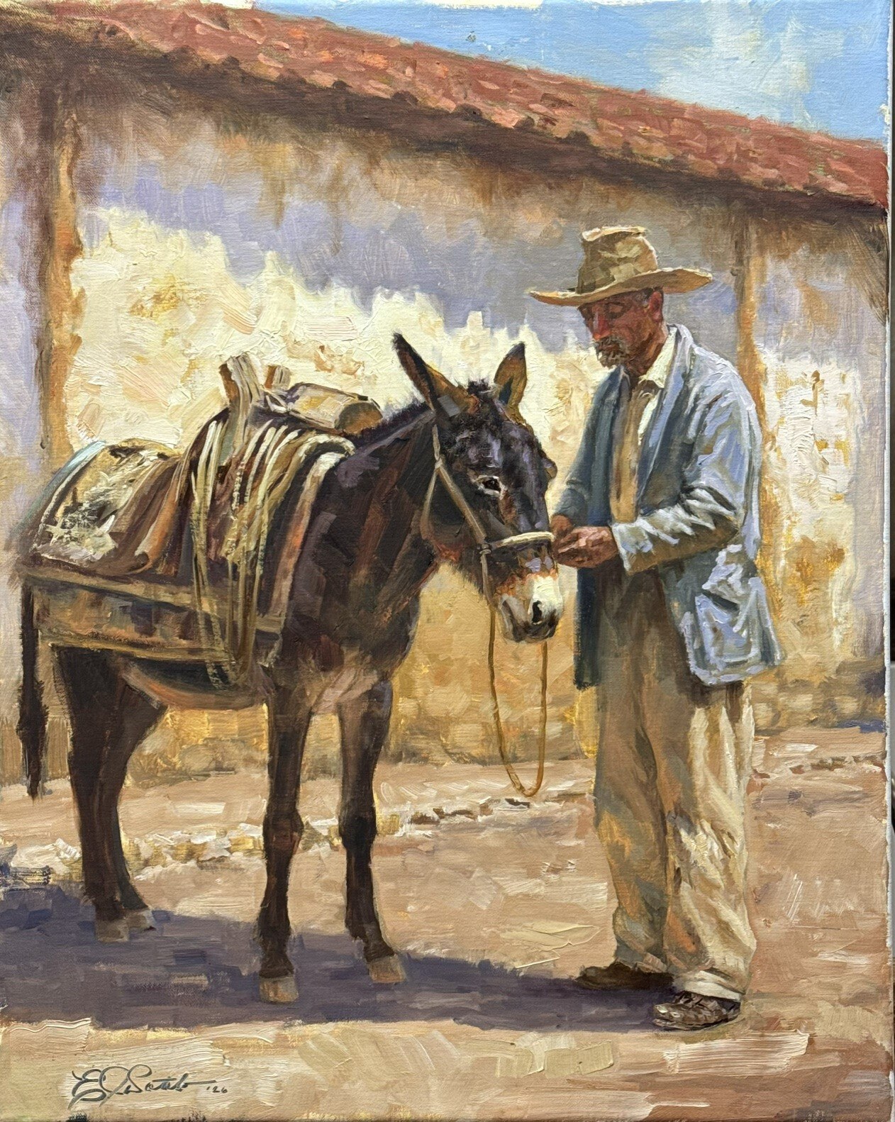 Older man standing beside his saddled burro in a sunlit adobe courtyard in Viejos Amigos by Edgar J. Sotelo